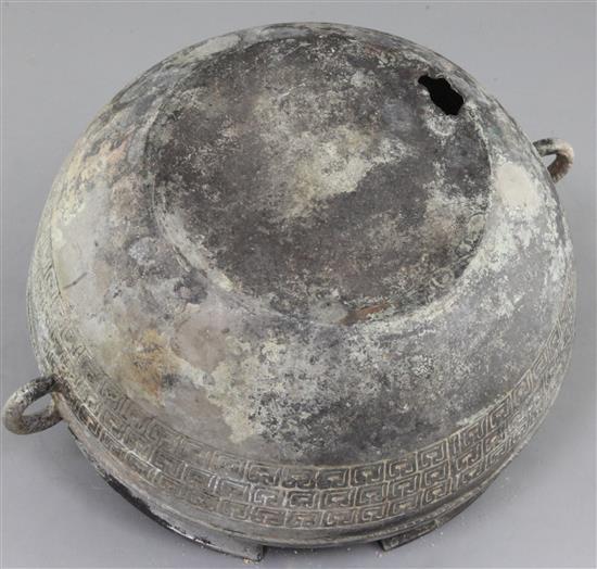 A Chinese archaic bronze flat-bottomed vessel, Eastern Zhou dynasty, 5th-4th century B.C., 31cm wide, losses